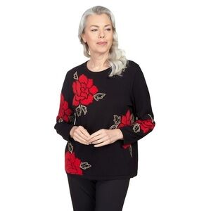 Alfred Dunner Rose floral black sweater embroidered Size Medium